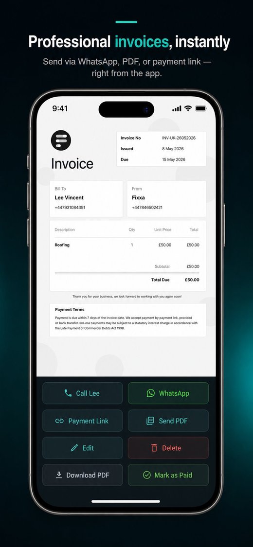 Fixxa app showing a finished invoice ready to send